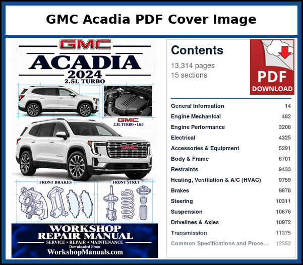 GMC Acadia PDF Cover Image with Table of Contents Cover and contents page of the GMC Acadia service manual PDF covering 2024, 13,314 pages