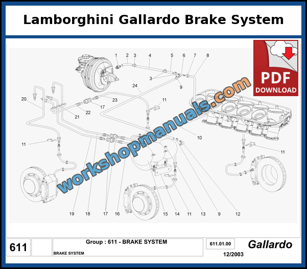 Lamborghini Gallardo brake system exploded parts diagram from the first generation parts manual