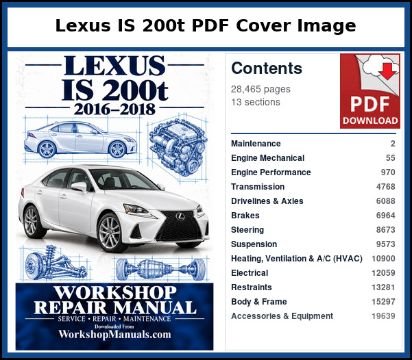 Lexus IS 200t PDF Cover Image with Table of Contents Cover and contents page of the Lexus IS 200t service manual PDF covering 2016 to 2018, 28,465 pages