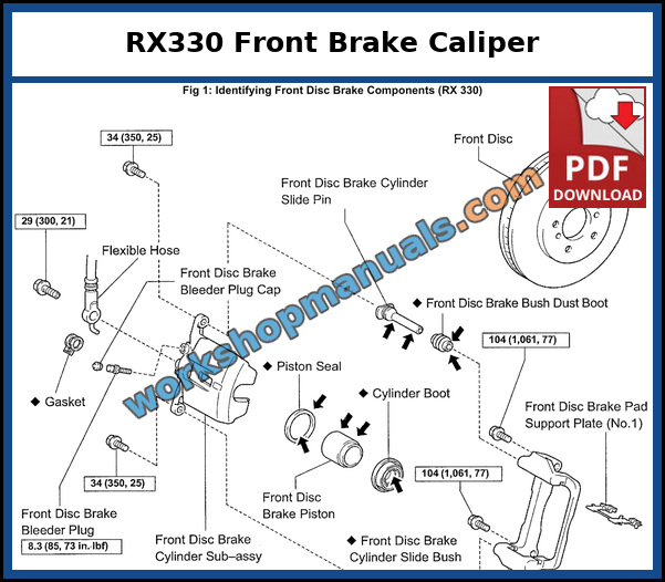 Lexus RX330 2004-2006 front brake caliper removal and installation procedure from the workshop manual