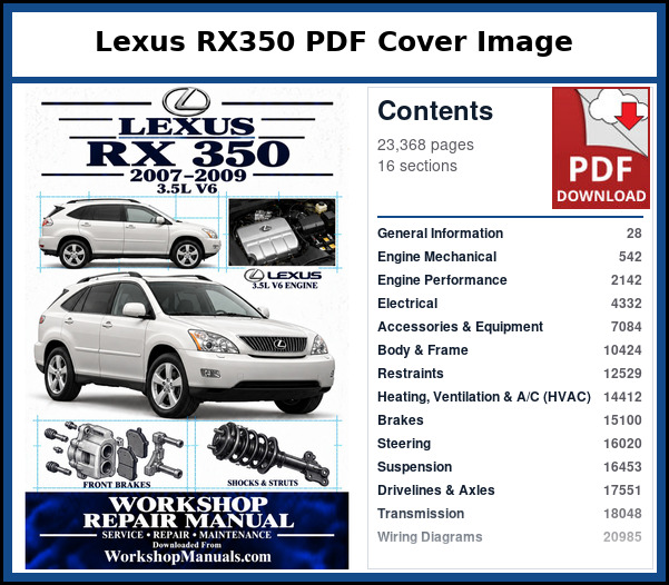 Lexus RX350 PDF Cover Image with Table of Contents Cover and contents page of the Lexus RX350 service manual PDF covering 2007 to 2009, 23,368 pages