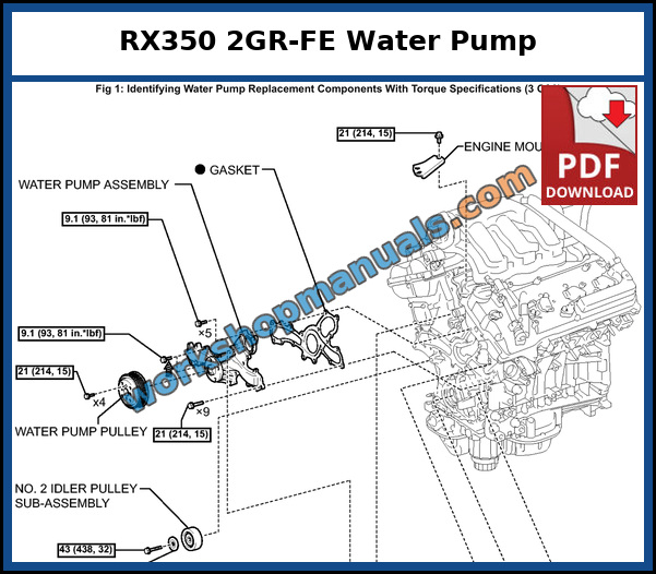 Lexus RX350 2007-2009 water pump replacement components for the 2GR-FE V6 with torque values from the workshop manual