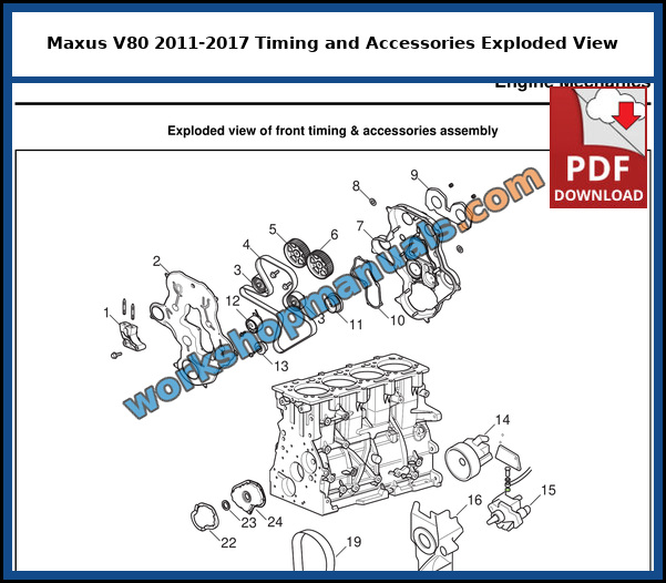 Maxus V80 2011-2017 2.5 diesel front timing and accessories exploded view from the Maxus service manual