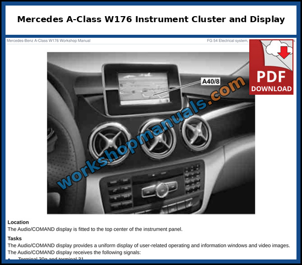 Mercedes A-Class W176 Audio and COMAND display location in the center of the instrument panel, from the factory service manual