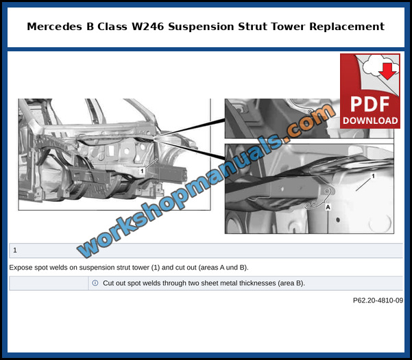 Mercedes B-Class W246 body repair: exposing and cutting out the spot welds to remove a damaged suspension strut tower, from the factory service manual