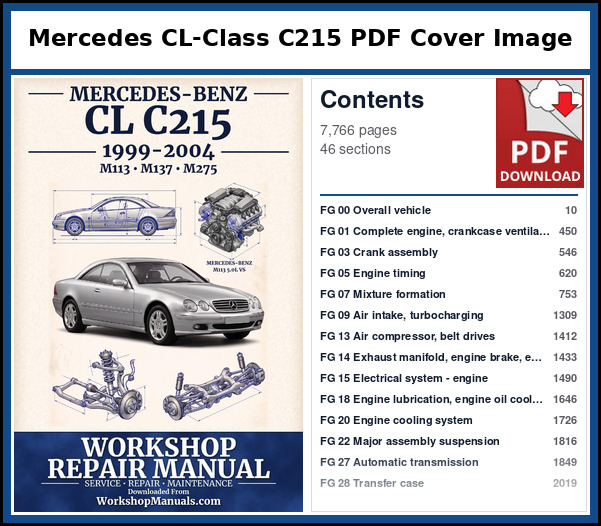 Mercedes CL Class C215 PDF Cover Image with Table of Contents Cover page and contents of the Mercedes CL-Class C215 workshop repair manual PDF for 1999 to 2004, 7,766 pages