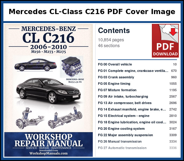 Mercedes CL Class C216 PDF Cover Image with Table of Contents Cover page and contents of the Mercedes CL-Class C216 workshop repair manual PDF for 2006 to 2010, 10,854 pages