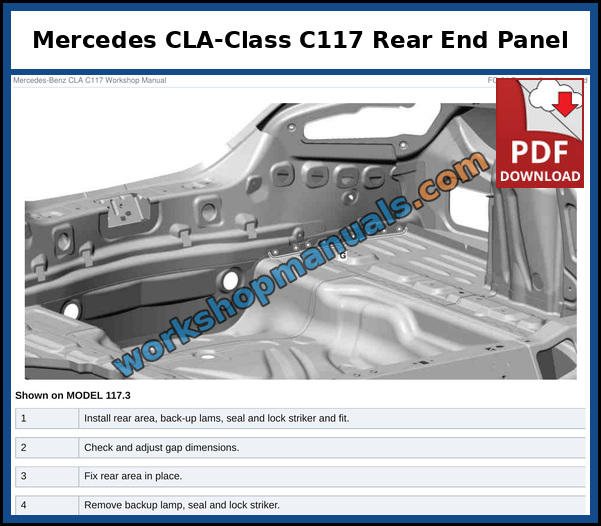 Mercedes CLA-Class C117 rear end body panel fitting with gap checks, shown on model 117.3, from the factory service manual