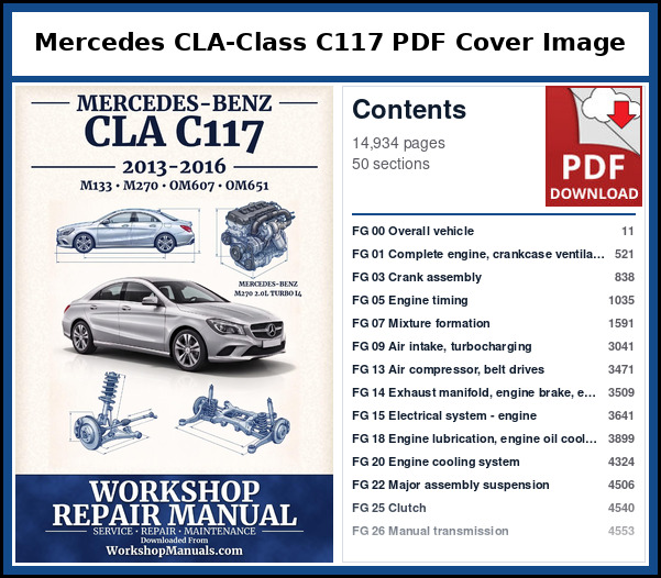 Mercedes CLA Class C117 PDF Cover Image with Table of Contents Cover page and contents of the Mercedes CLA-Class C117 workshop repair manual PDF for 2013 to 2016, 14,934 pages