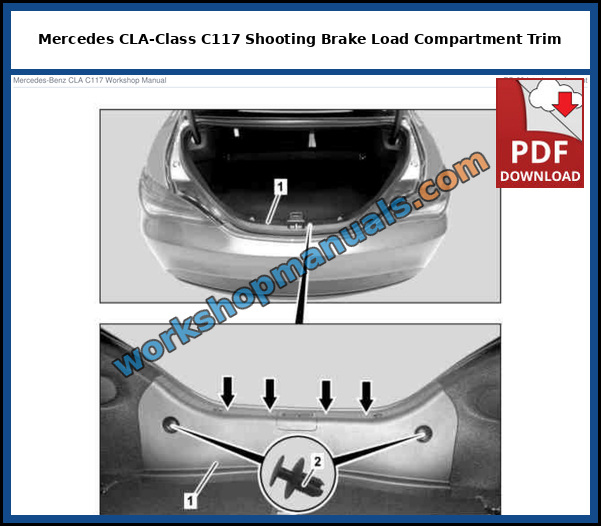 Mercedes CLA-Class Shooting Brake X117 rear center paneling and tie-down eye in the load compartment, shown on model 117.9, from the factory service manual