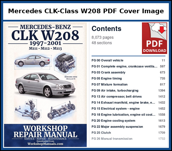 Mercedes CLK Class W208 PDF Cover Image with Table of Contents Cover page and contents of the Mercedes CLK-Class W208 workshop repair manual PDF for 1997 to 2001, 8,073 pages