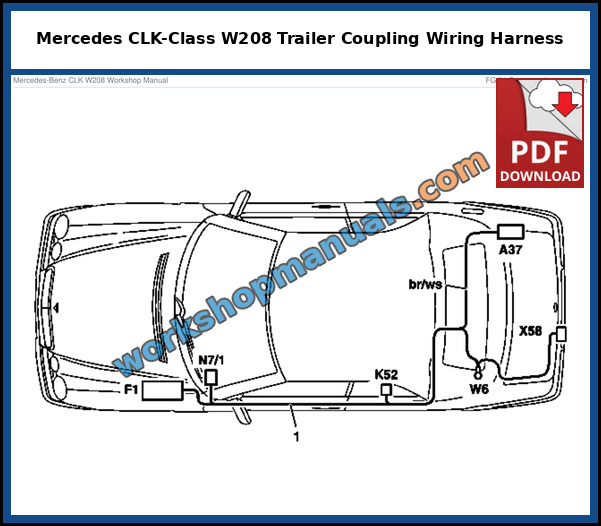 Mercedes CLK-Class W208 cabriolet trailer coupling wiring harness routing with fuse box and control unit, shown on model 208.4, from the factory service manual