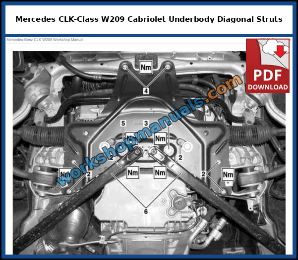 Mercedes CLK-Class W209 cabriolet underbody stiffening plate and diagonal struts with tightening points, illustrated on model 209.4, from the factory service manual