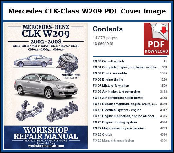 Mercedes CLK Class W209 PDF Cover Image with Table of Contents Cover page and contents of the Mercedes CLK-Class W209 workshop repair manual PDF for 2002 to 2008, 14,373 pages