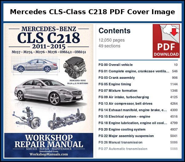 Mercedes CLS Class C218 PDF Cover Image with Table of Contents Cover page and contents of the Mercedes CLS-Class C218 workshop repair manual PDF for 2011 to 2015, 12,050 pages