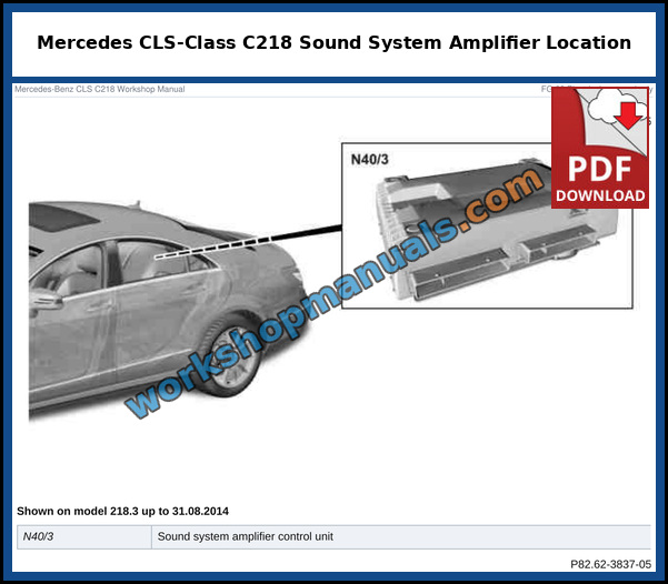 Mercedes CLS-Class C218 sound system amplifier control unit location, shown on model 218.3 up to 31.08.2014, from the factory service manual