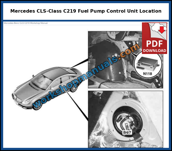 Mercedes CLS-Class C219 fuel pump control unit and fuel pressure sensor locations, illustrated on model 219, from the factory service manual