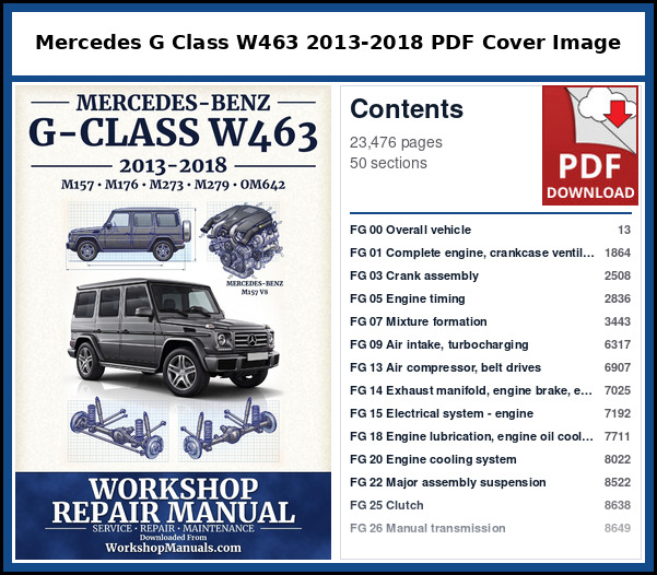 Mercedes G Class W463 2013-2018 PDF Cover Image with Table of Contents Cover page and contents of the Mercedes G-Class W463 workshop repair manual PDF for 2013 to 2018, 23,476 pages