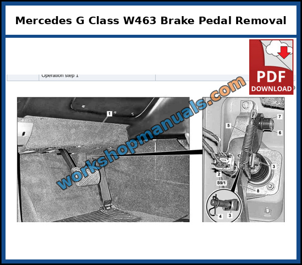 Mercedes G-Class W463 brake pedal removal with brake light switch, master cylinder push rod, safety clip, spring and retaining ring, from the factory service manual
