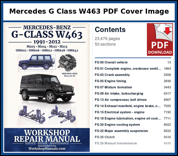 Mercedes G Class W463 PDF Cover Image with Table of Contents Cover page and contents of the Mercedes G-Class W463 workshop repair manual PDF for 1991 to 2012, 23,476 pages