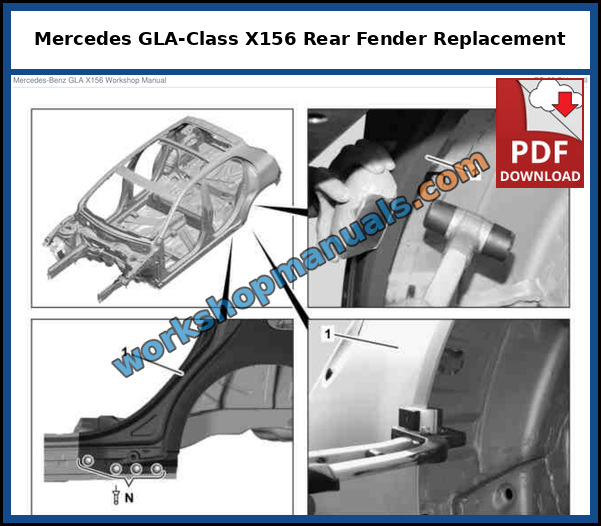 Mercedes GLA-Class X156 rear fender replacement shown on the body shell with its fixing points, from the factory service manual