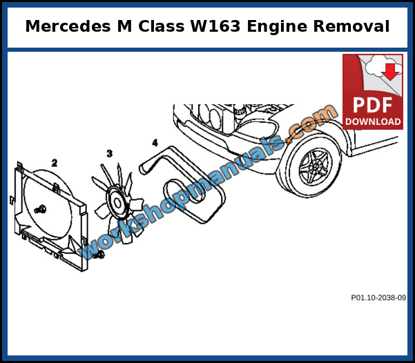 Mercedes ML 230 W163 engine removal and installation for engine 111.977, with the transmission support and torque converter support wedge, from the factory service manual