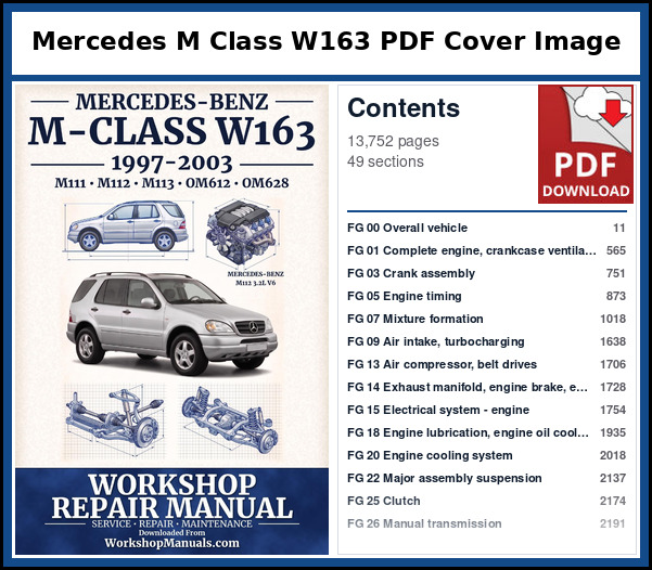Mercedes M Class W163 PDF Cover Image with Table of Contents Cover page and contents of the Mercedes M-Class W163 workshop repair manual PDF for 1997 to 2003, 13,752 pages