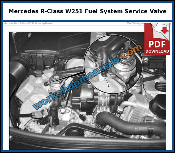Mercedes R-Class W251 fuel system service valve on the engine, shown in a magnified detail, from the factory service manual