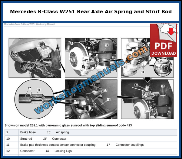 Mercedes R-Class W251 rear axle air spring, strut rod and connector removal steps, shown on model 251.1 with panoramic sunroof, from the factory service manual