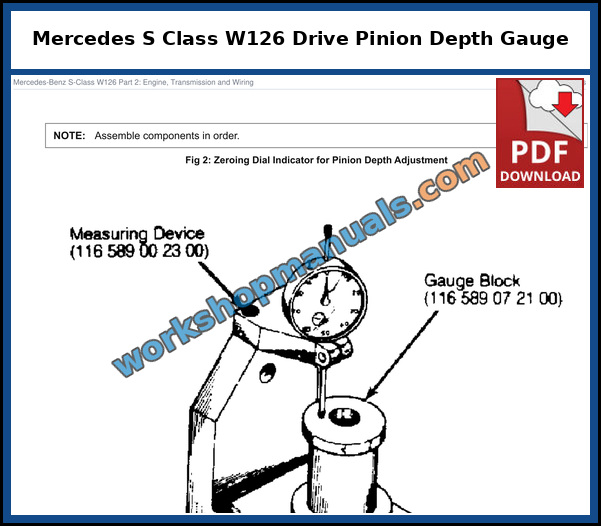 Mercedes S-Class W126 differential overhaul: measuring device 116 589 00 23 00 and gauge block 116 589 07 21 00 for setting drive pinion depth, from the service manual