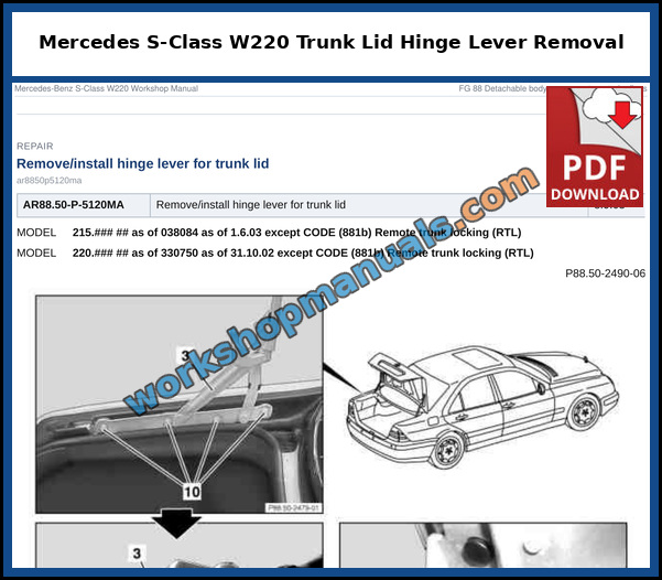 Mercedes S-Class W220 trunk lid hinge lever, hinge bracket and stop buffer with the removal steps, from the factory service manual