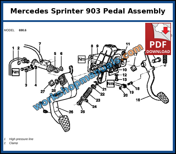 Mercedes Sprinter 903 pedal assembly with pedal bearing bracket, brake pedal, clutch master cylinder, clutch switch and stop lamp switch, from the factory service manual