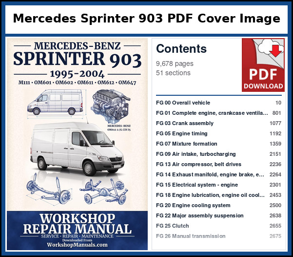 Mercedes Sprinter 903 PDF Cover Image with Table of Contents Cover page and contents of the Mercedes Sprinter 903 workshop repair manual PDF for 1995 to 2004, 9,678 pages