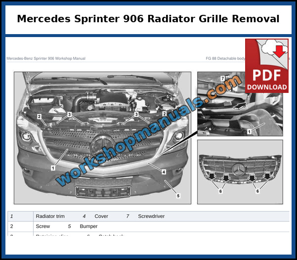 Mercedes Sprinter 906 radiator grille removal with retaining clips, catch hooks and bumper, from the factory service manual