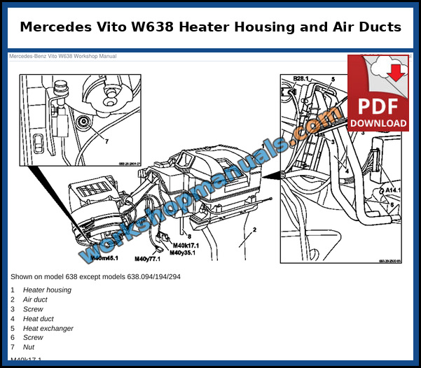 Mercedes Vito W638 heater housing, air ducts, heat duct and heat exchanger, shown on model 638, from the factory service manual