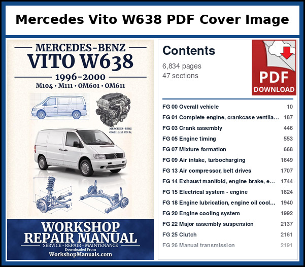 Mercedes Vito W638 PDF Cover Image with Table of Contents Cover page and contents of the Mercedes Vito W638 workshop repair manual PDF for 1996 to 2000, 6,834 pages