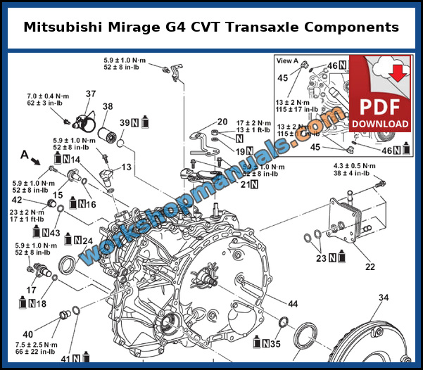 Mirage G4 F1CJB CVT exploded view with part numbers and tightening torques, from the CVT overhaul chapter