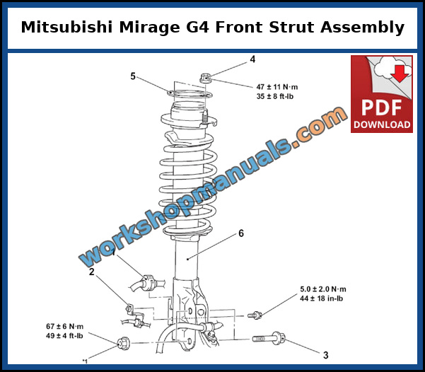 Mirage G4 front strut assembly exploded view with the coil spring, strut insulator and tightening torques