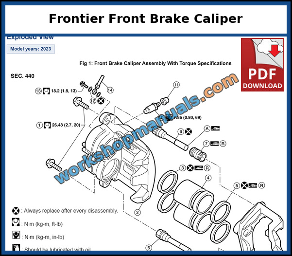 Nissan Frontier 2022-2024 front brake caliper assembly removal and installation procedure from the workshop manual
