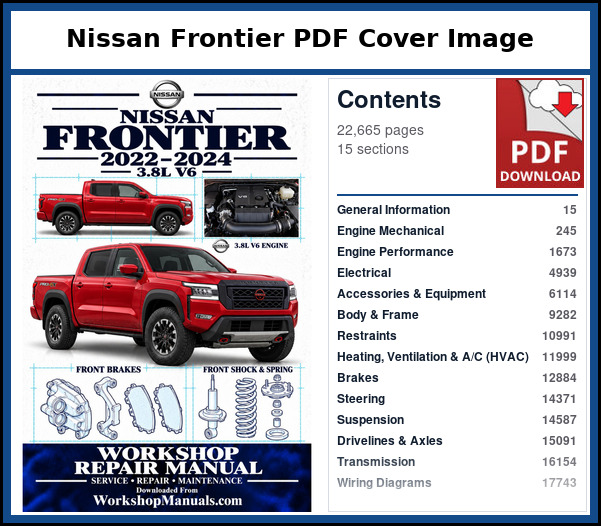 Nissan Frontier PDF Cover Image with Table of Contents Cover and contents page of the Nissan Frontier service manual PDF covering 2022 to 2024, 22,665 pages