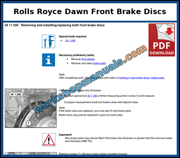 Rolls Royce Dawn RR6 front brake disc replacement and minimum thickness check from the factory workshop manual
