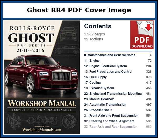 Rolls Royce Ghost RR4 PDF Cover Image with Table of Contents Cover and contents page of the Rolls Royce Ghost RR4 service manual PDF covering 2010 to 2016, 1,982 pages