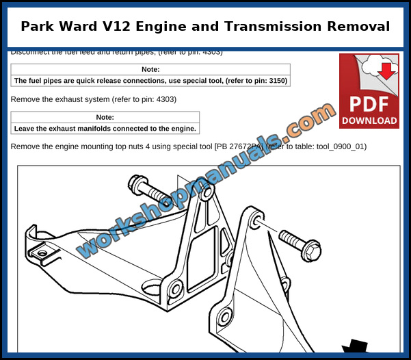 Rolls Royce Park Ward V12 engine and transmission removal with engine mounting and fuel pipe notes, page from the dealer service manual