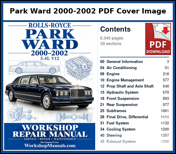 Rolls Royce Park Ward 2000-2002 PDF Cover Image with Table of Contents Cover and contents page of the Rolls Royce Park Ward service manual PDF covering 2000 to 2002, 6,340 pages