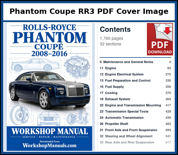 Rolls Royce Phantom Coupe RR3 PDF Cover Image with Table of Contents Cover and contents page of the Rolls Royce Phantom Coupe RR3 service manual PDF covering 2008 to 2016, 1,760 pages
