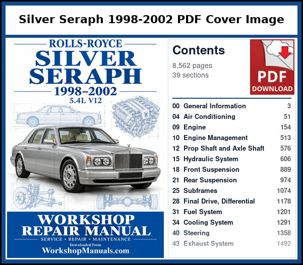 Rolls Royce Silver Seraph 1998-2002 PDF Cover Image with Table of Contents Cover and contents page of the Rolls Royce Silver Seraph service manual PDF covering 1998 to 2002, 8,562 pages
