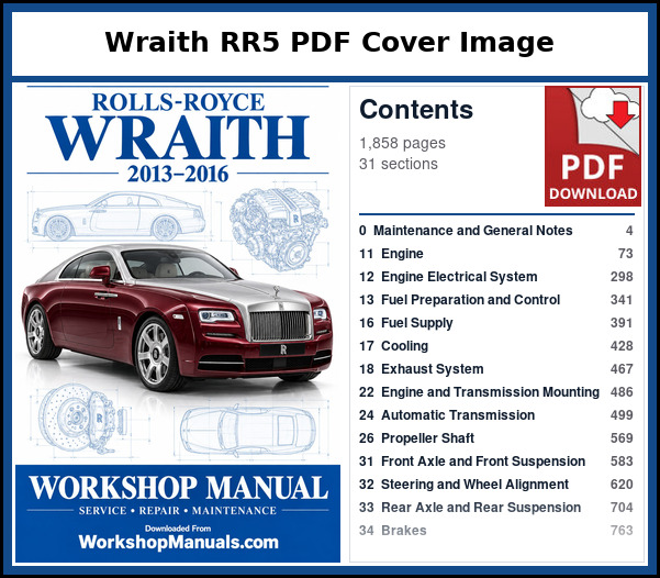 Rolls Royce Wraith RR5 PDF Cover Image with Table of Contents Cover and contents page of the Rolls Royce Wraith RR5 service manual PDF covering 2013 to 2016, 1,858 pages