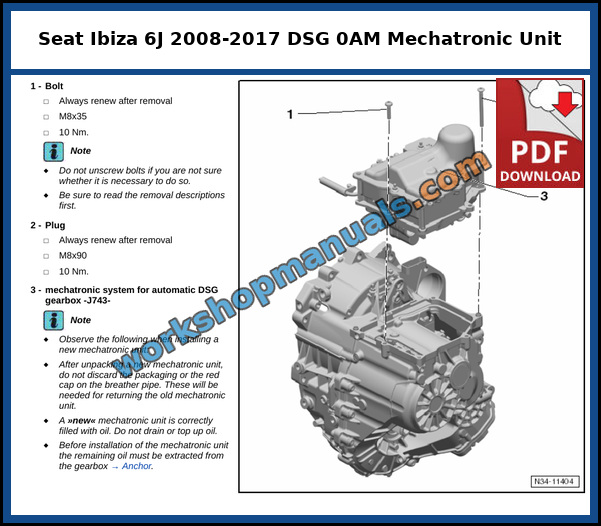 Overview of the mechatronic unit for the Seat Ibiza 7 speed dual clutch automatic gearbox 0AM, from the factory service manual
