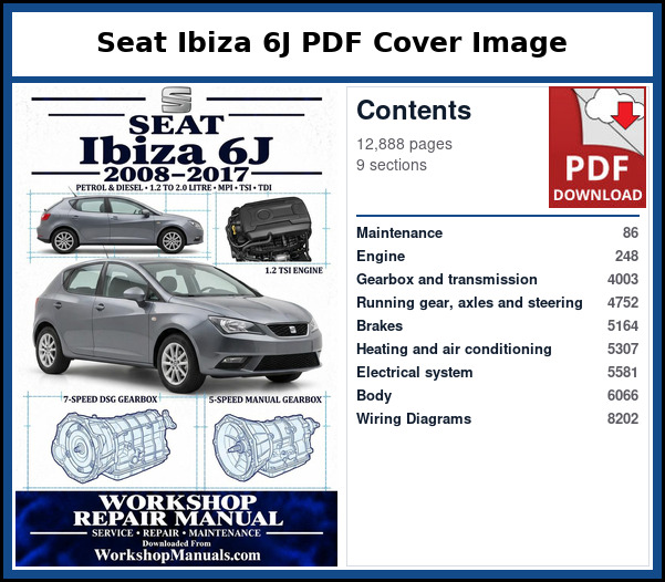 Seat Ibiza 6J PDF Cover Image with Table of Contents Cover page and contents of the Seat Ibiza 6J workshop repair manual PDF for 2008 to 2017, with page numbers for maintenance, engines, gearbox, running gear, electrics and body
