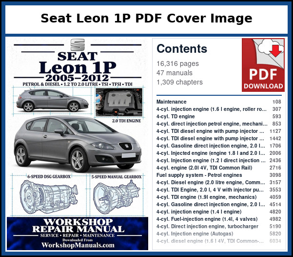Seat Leon 1P PDF Cover Image with Table of Contents Cover of the Seat Leon 1P service manual PDF beside a list of the 47 factory manuals it contains, with their page numbers